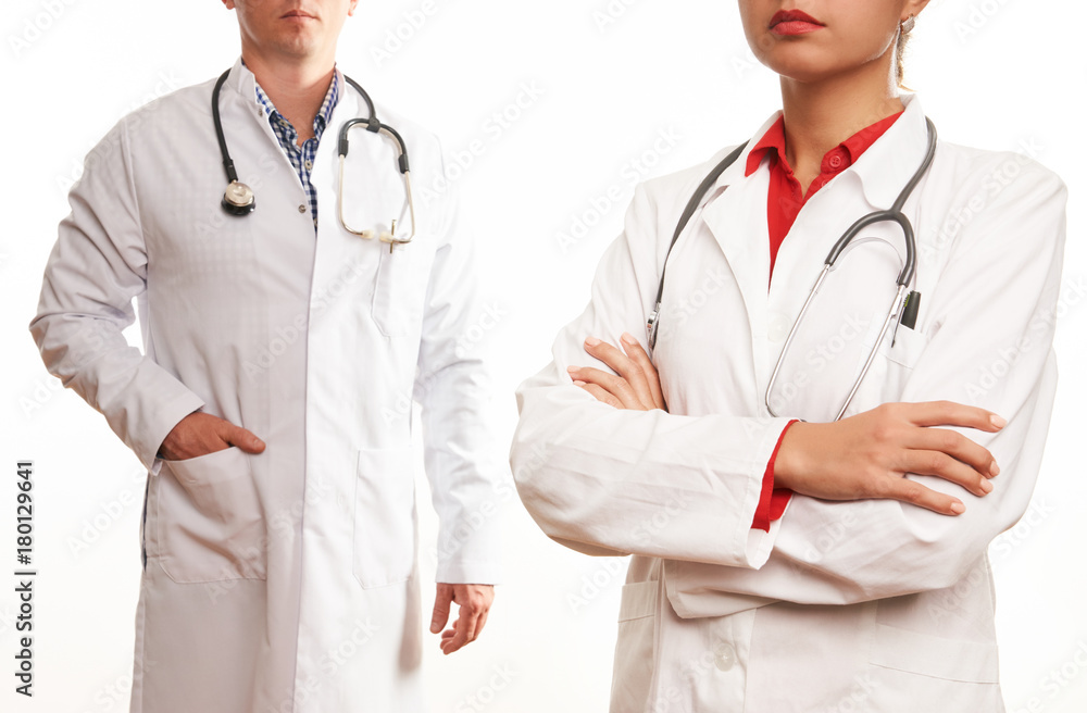 Young team of two doctors, male doctor and female nurse