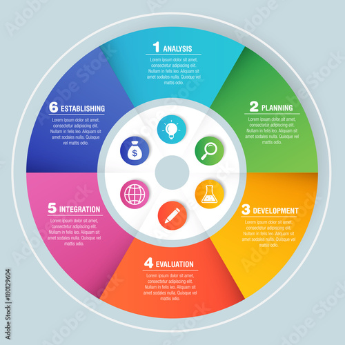 Colorful bright business infographics, radial chart, diagram with 6 segments. Vector illustration business template
