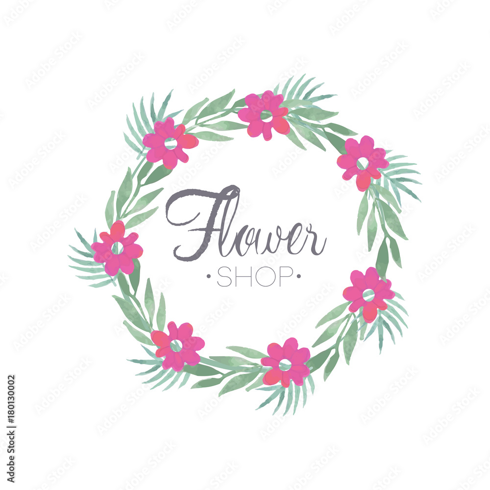 Flower shop colorful logo template with wreath