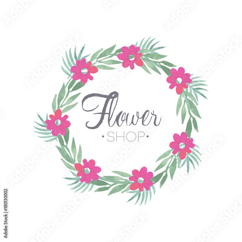 Flower shop colorful logo template with wreath