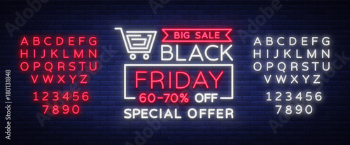 Black Friday vector isolated, poster banner in neon style. Bright sign sales Black Friday discounts. Editing text neon sign. Neon alphabet