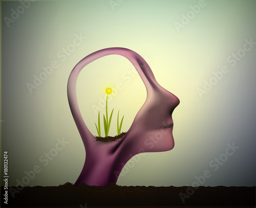 profile of the man with flower plant growing inside his head, think positive, refresh the nerve system,