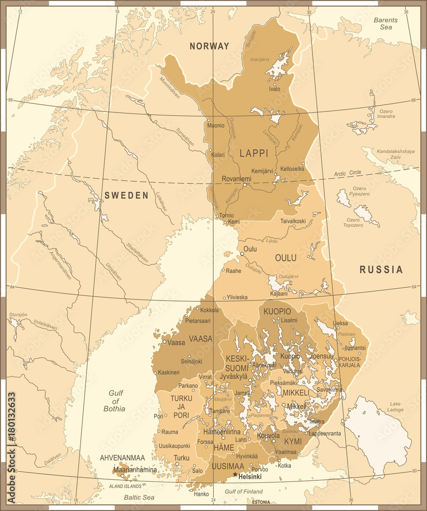 Naklejka premium Finland Map - Vintage Detailed Vector Illustration