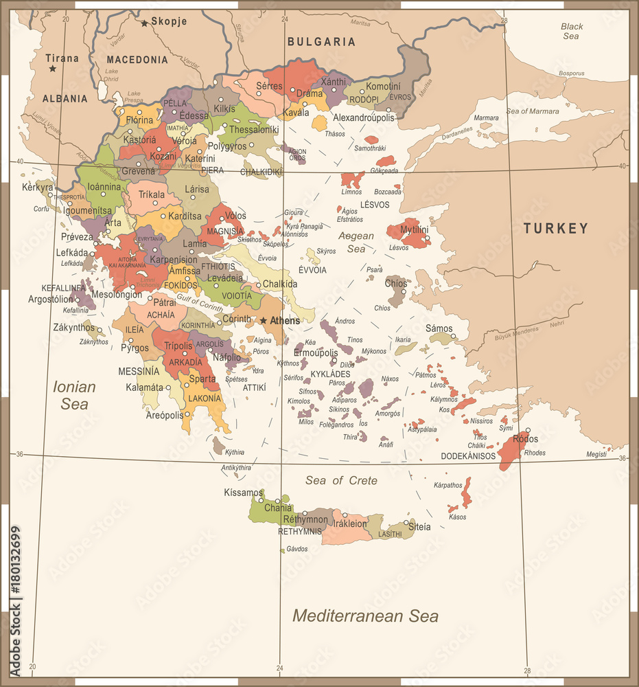 Greece Map - Vintage Detailed Vector Illustration