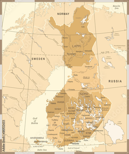 Finland Map - Vintage Detailed Vector Illustration