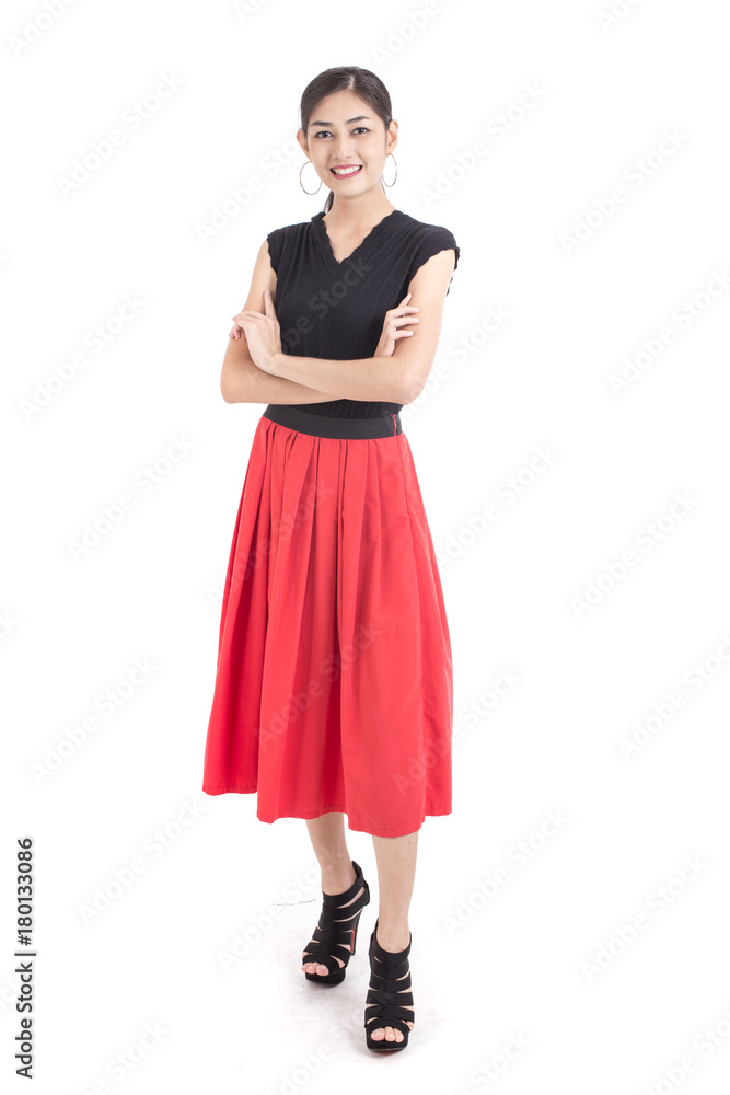 Fototapeta premium Portrait of Asian Woman with beautiful dress. Woman Fashion Concept. Isolated on White background.