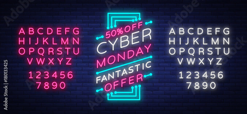 Cyber Monday concept banner in fashionable neon style, luminous signboard, advertisement of sales rebates of cyber Monday. Vector illustration for your projects. Editing text neon sign