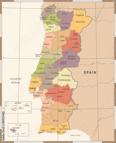 Canvas Print Portugal Map - Vintage Detailed Vector Illustration