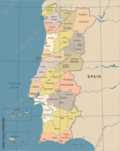Fotografie, Obraz Portugal Map - Vintage Vector Illustration