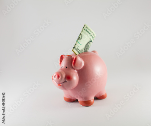 Pink piggy bank with dollars