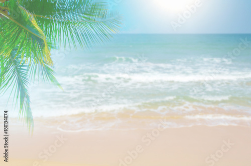 Blur beautiful nature green palm leaf on tropical beach with bokeh sun light wave abstract background. © photolink