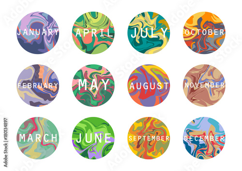 Vector calendar in marbling style. Round painted templates of months with text overlays.