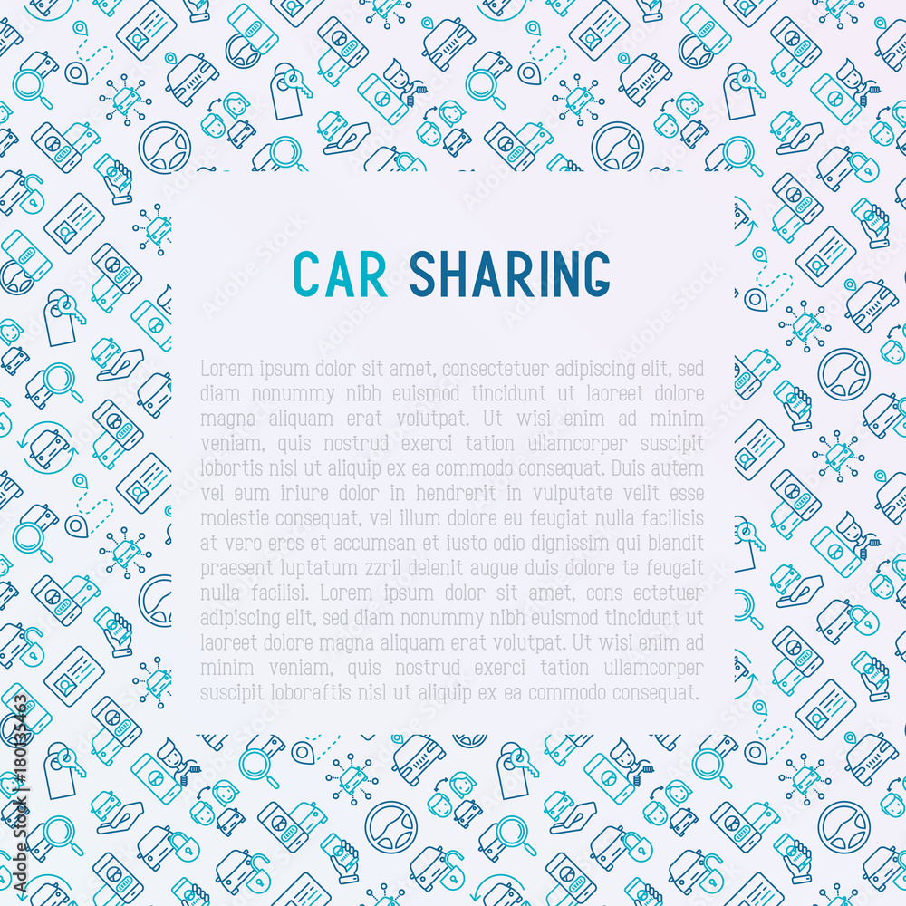 Car sharing concept with thin line icons of driver's license, key, blocked car, pointer, available, searching of car. Vector illustration for banner, web page, print media. Car sharing concept with thin line icons of driver's license, key, blocked car, pointer, available, searching of car. Vector illustration for banner, web page, print media.