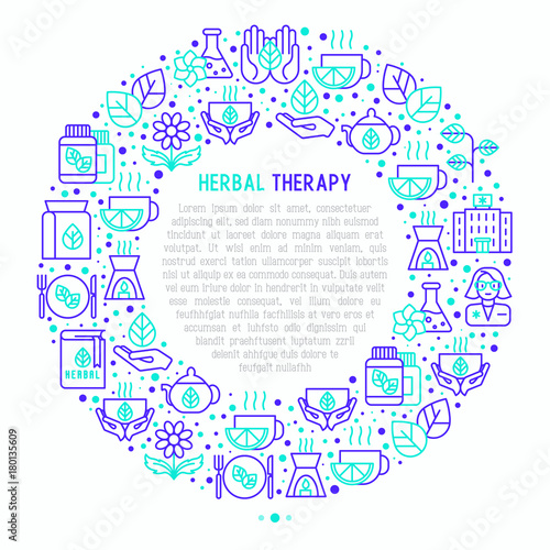 Herbal therapy concept in circle with thin line icons: herbalist, decoction, aromatic oil, oil burner, tea. Vector illustration for banner, web page, print media.