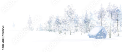 Vector winter scene with house in forest.