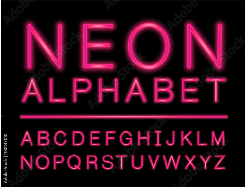 Pink neon alphabet with complete letters set with LED effect