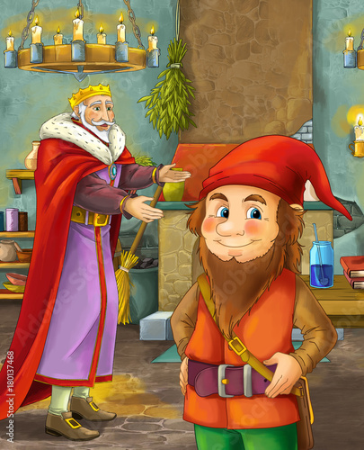 cartoon scene with happy king standing the kitchen and talking with a dwarf illustration for children