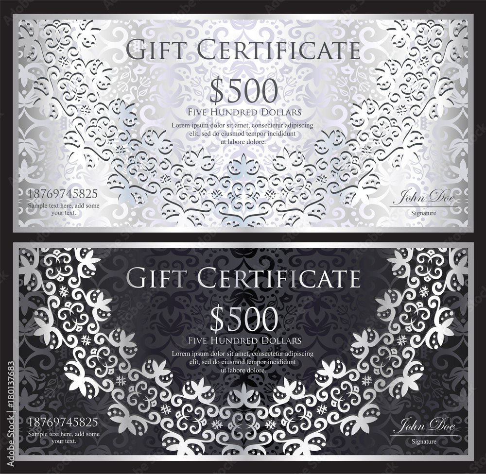 Luxury silver and black gift certificate with rounded lace decoration and vintage background - obrazy, fototapety, plakaty 