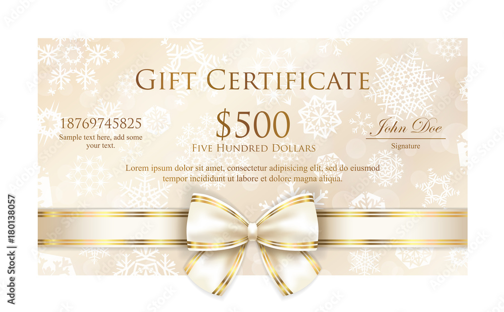 Luxury cream Christmas gift certificate with white snowflakes and pink ribbon - obrazy, fototapety, plakaty 