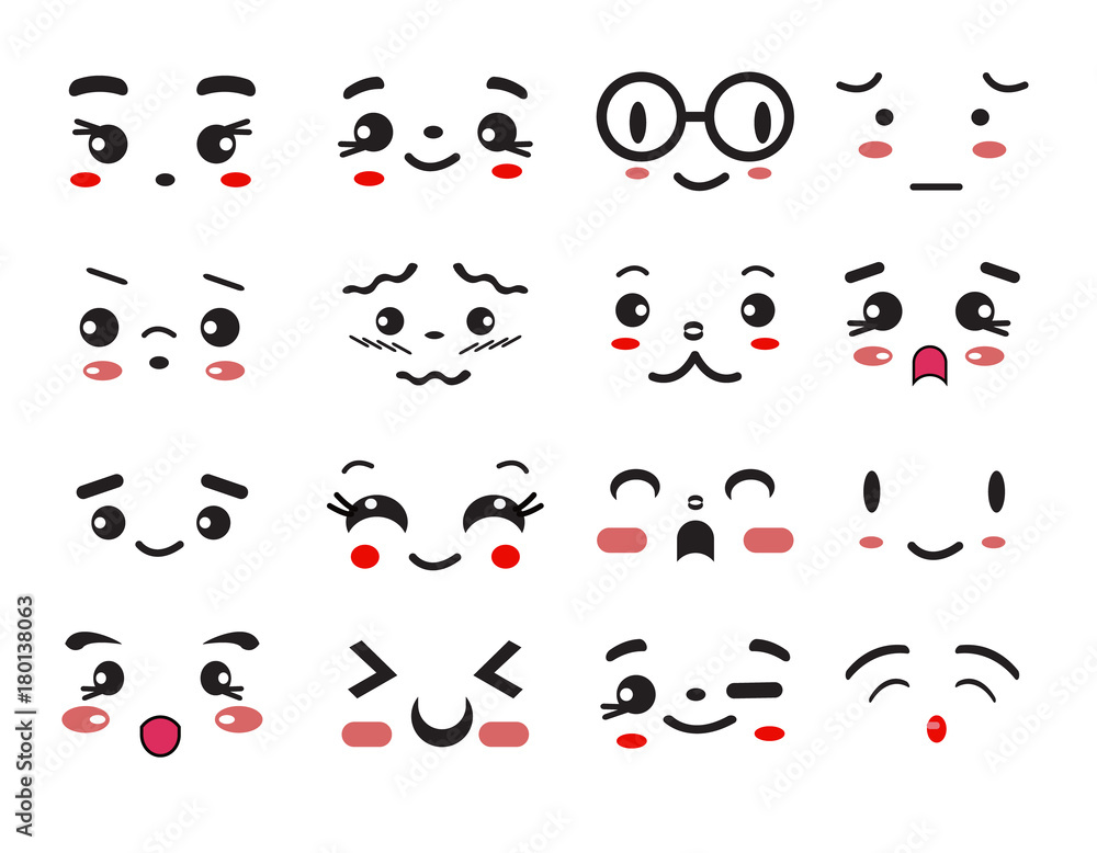 kawaii cute smile emoticons and japanese anime emoji Stock Vector | Adobe  Stock
