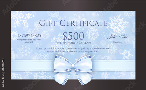 Luxury baby blue Christmas gift certificate with white snowflakes and pink ribbon