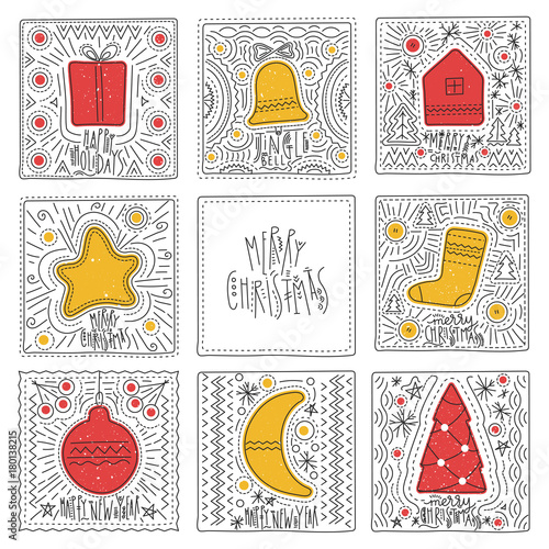 Vector collection of hand-drawn square holiday greeting cards with Christmas symbols.