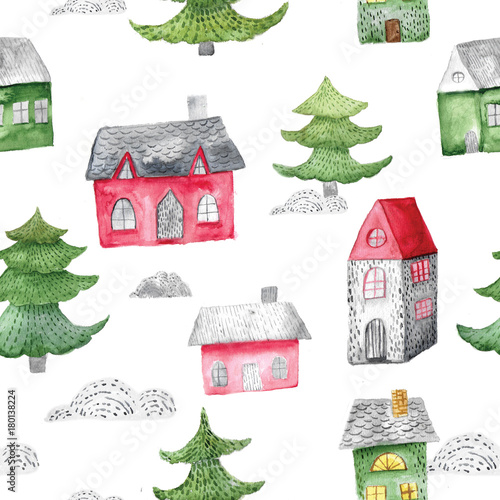 Watercolor seamless pattern with houses and trees. Festive winter decoration. Christmas background.