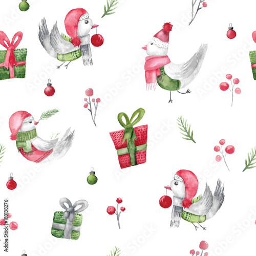 Watercolor christmas bird pattern with gifts and branches. Rustic fabric design for wrapping. Xmas decoration