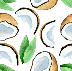 Papier peint photo Fruits aquarelle patrons Noix coco aquarelle motif tropical  © maltiase