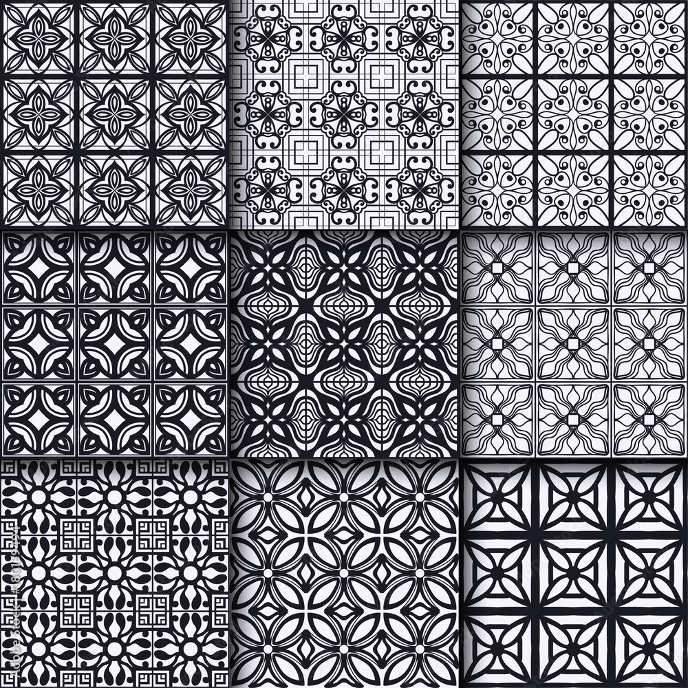 Collection of black and white ornamental seamless patterns. Template for design. Vector - obrazy, fototapety, plakaty 