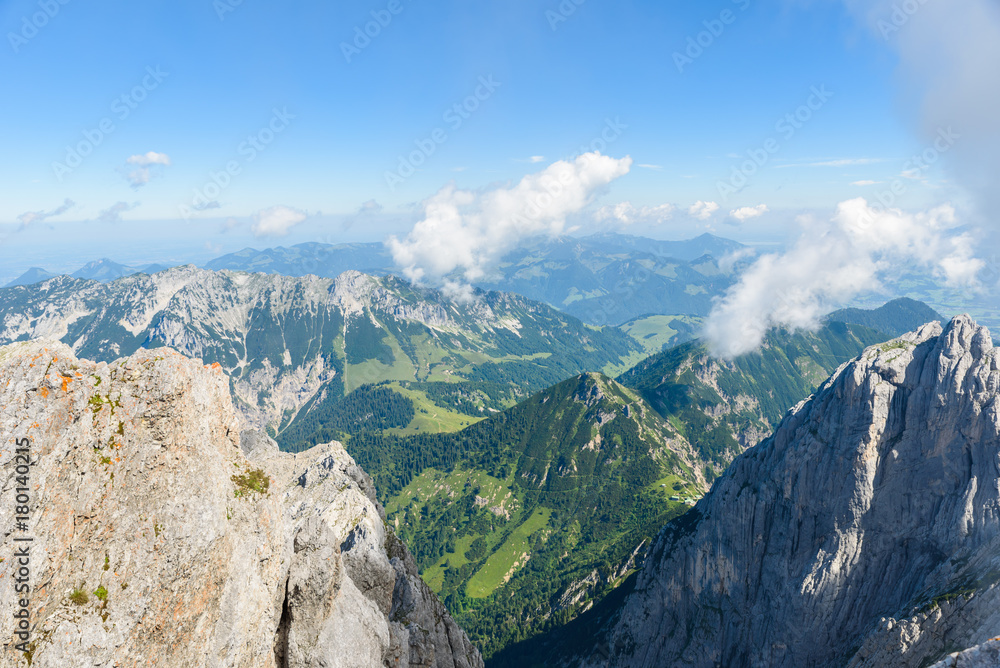 Hiker at Ellmauer Halt, Wilder Kaiser mountains of Austria - close to Gruttenhuette, Going, Tyrol, Austria - Hiking in the Alps of Europe