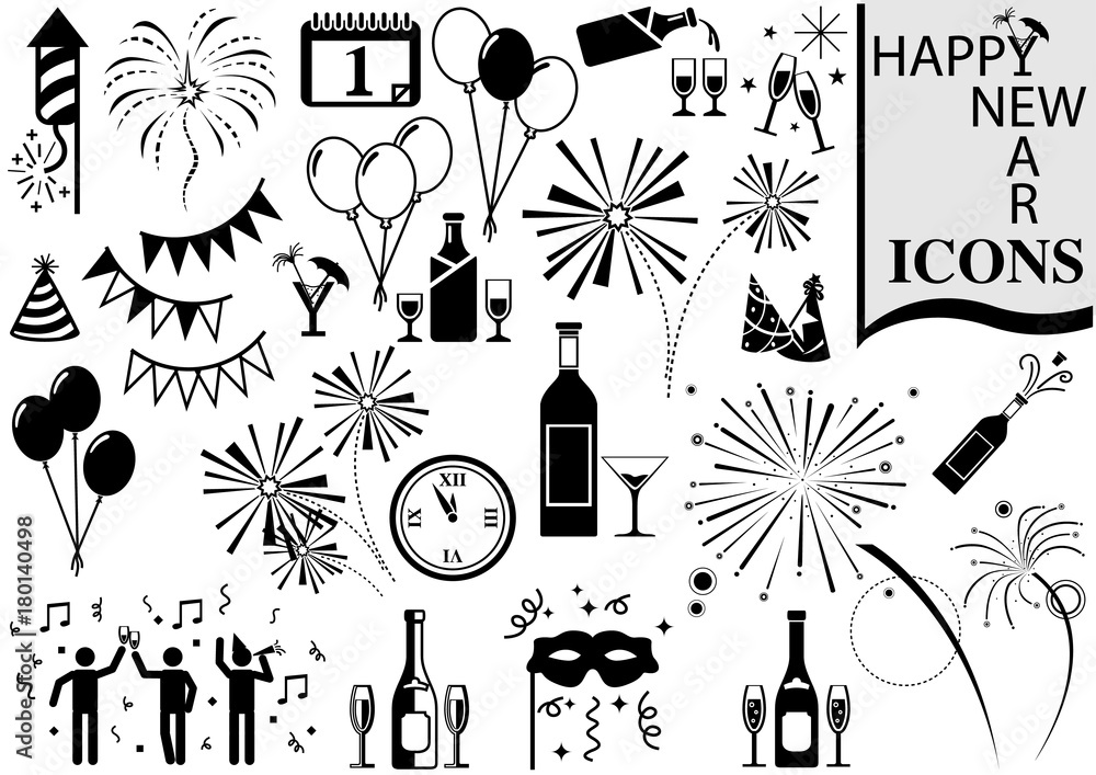 Happy New Year Icon Collection - Black and White Design Elements for Your Project, Vector