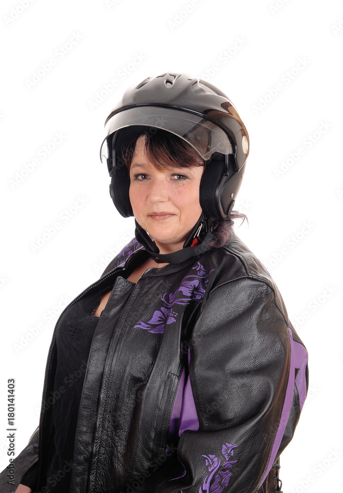 Middle age woman with helmet and jacket Middle age woman with helmet and jacket