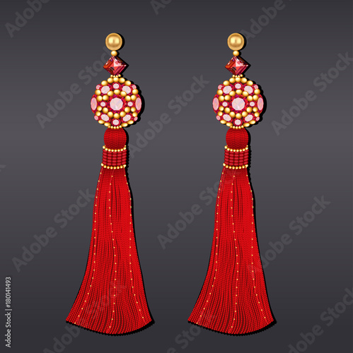 Illustration of earrings from beads of red and gold with tassels