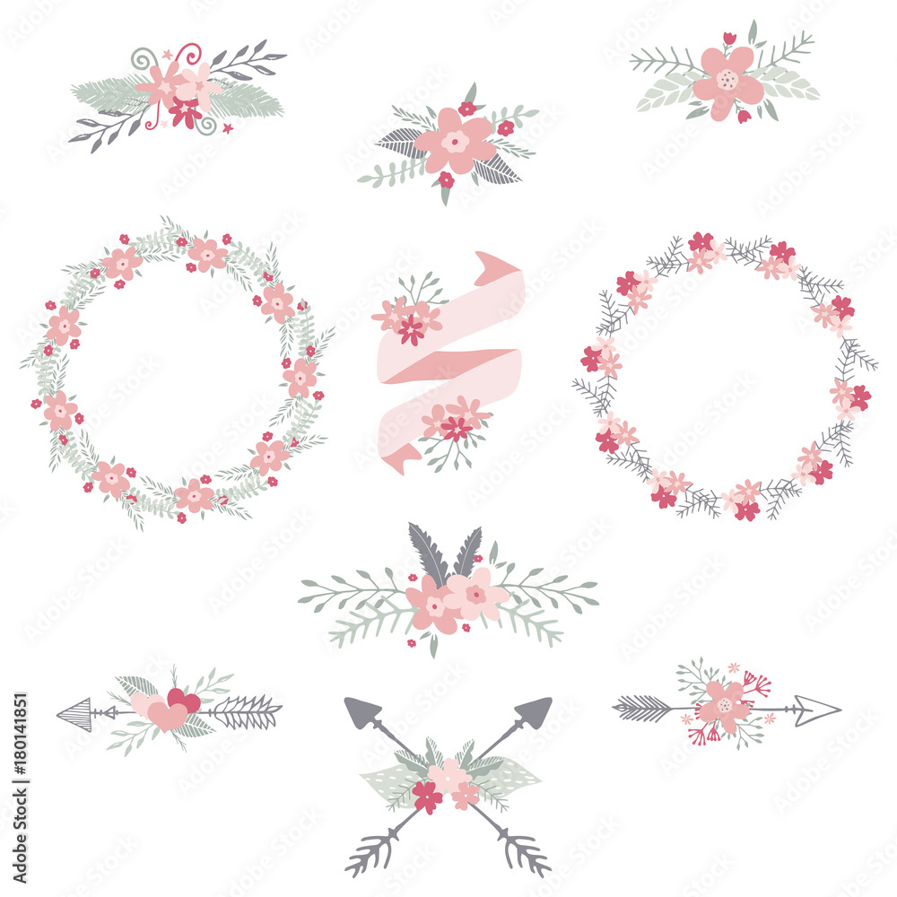 Wreaths, arrows and ribbons with flowers, hand drawn illustration. Wedding invitation and card decorative elements