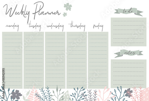 Green weekly planner with flowers, stationery organizer for daily plans, floral vector weekly planner template, schedules