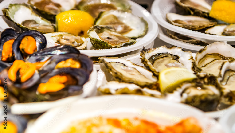 Fresh seafood on Fish Market in Madrid, Spain