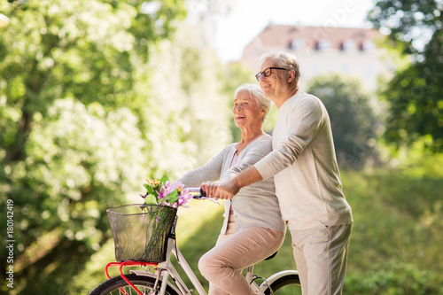 happy senior couple with bicycle at summer park