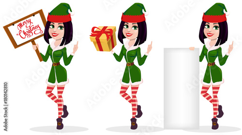 Merry Christmas and Happy New Year. Elf woman, set of three poses.