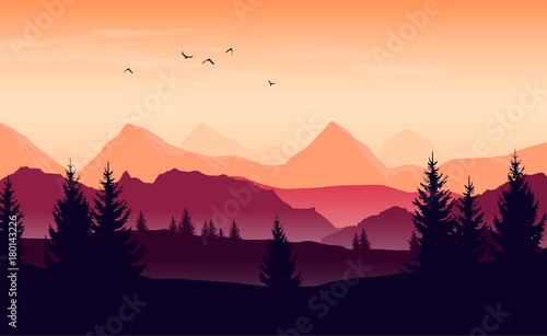 Landscape with orange and purple silhouettes of mountains, hills and forest