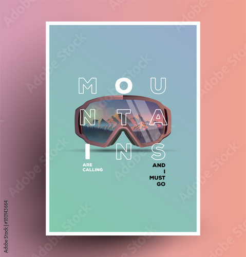 Snowboard goggles with mountains reflection poster flyer. Modern minimal styled vector illustration.