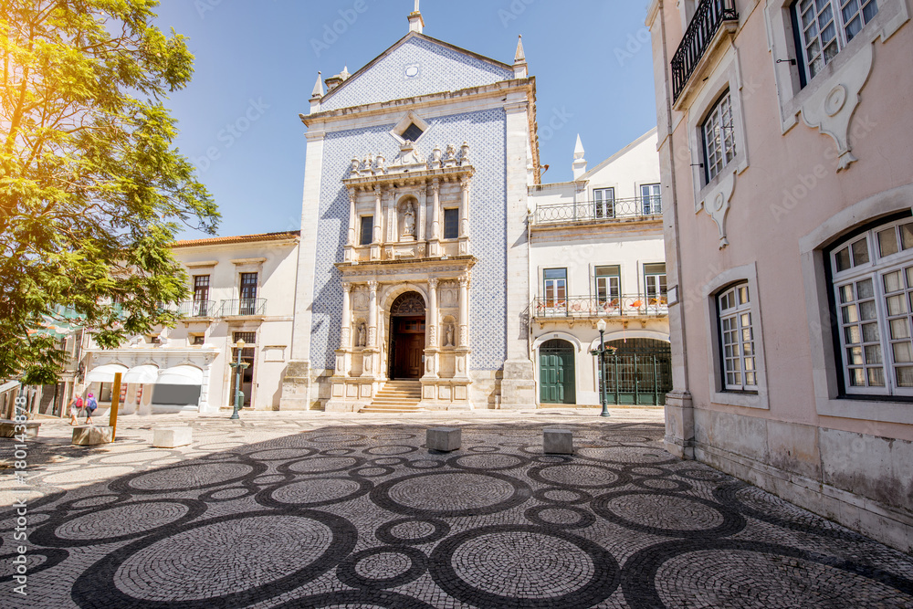 View on the Republic square with beautiful old church in Aveiro city in the central Portugal