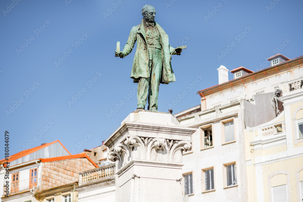 Close-up view on the Joaquim Augusto statue on the central sqaure in Coimbra city in Portugal