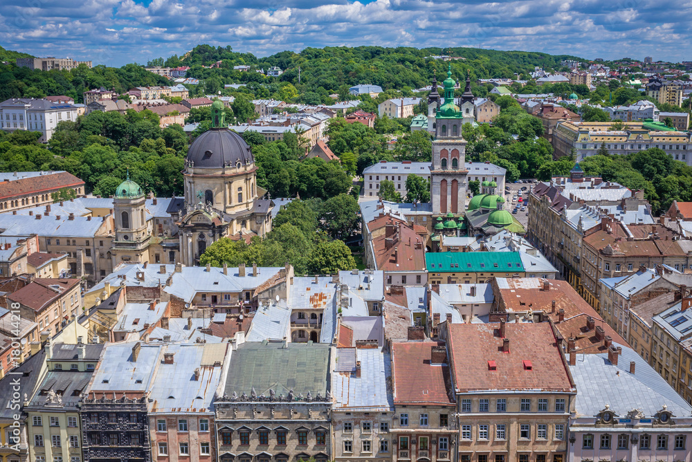 Cityscape of Lviv, Ukraine - aerial view from Town Hall tower with former Dominican Church and Dormition Church