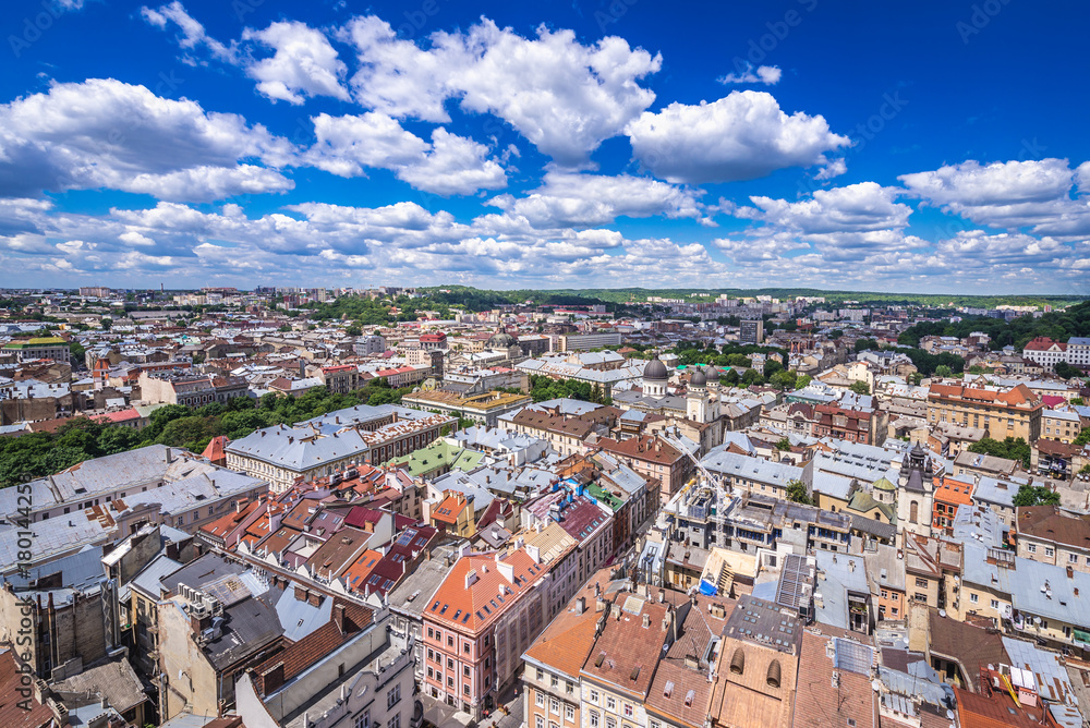 Cityscape of Lviv, Ukraine - aerial view from Town Hall tower