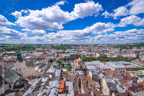 Cityscape of Lviv, Ukraine - aerial view from Town Hall tower with Latin Cathedral and former Jesuit Church