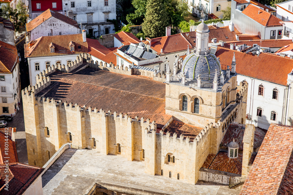 Top view on the Velha cathedral in Coimbra city during the sunny day in the central Portugal