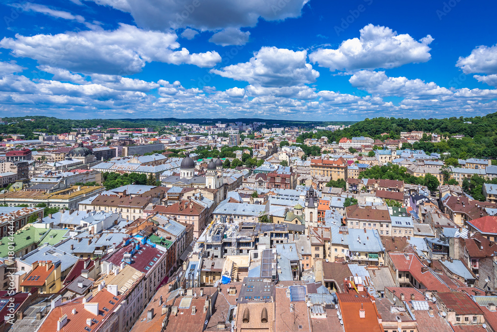 Lviv city seen from a City Hall tower, Ukraine