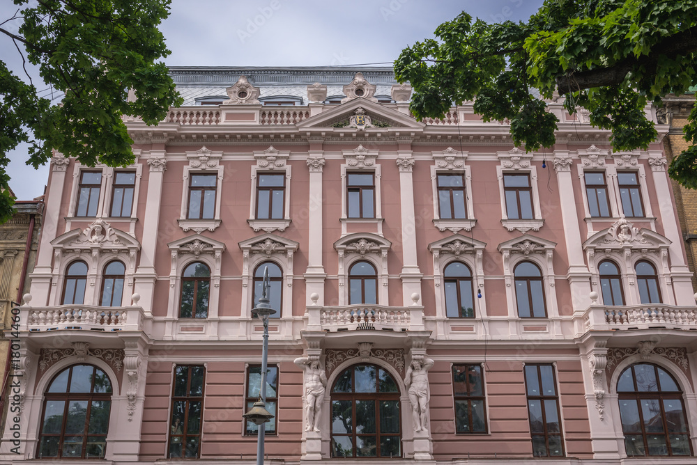 Facade of Grand Hotel building in Lviv city, Ukraine