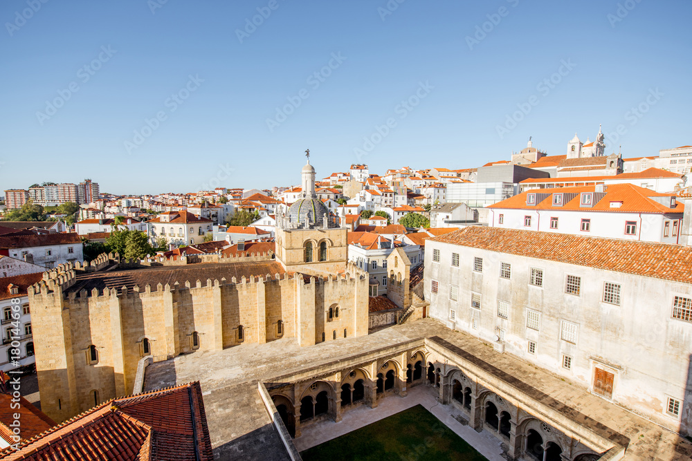 Top view on the old cathedral with beautiful courtyard in Coimbra city in the central Portugal